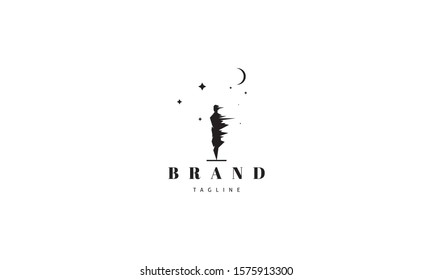Vector logo on which an abstract image of a man under a strong wind against the background of the moon and stars.