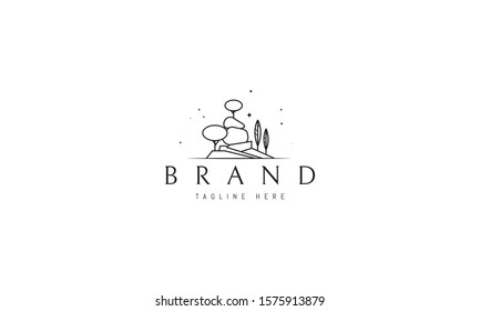 Vector logo on which an abstract image of a mountain landscape with trees.