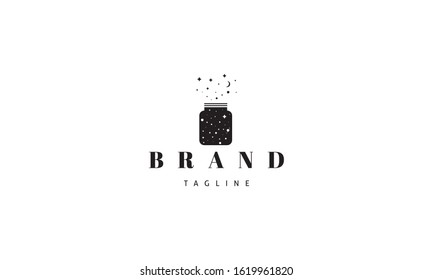 Vector logo on which an abstract image of a can from which stars and planets fly out.