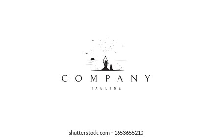 Vector logo on which an abstract silhouette image of a girl who sits near the ocean with her dog.