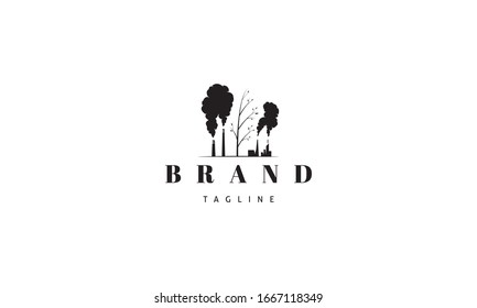Vector logo on which an abstract image of smoking chimneys of a plant against a background of a dying tree.