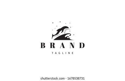 Vector logo on which an abstract image of a dolphin jumping over the waves.