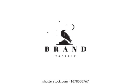 Vector logo on which an abstract image of a raven sitting on a stone under the moon.