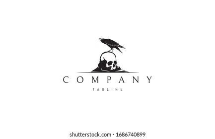 Vector logo on which an abstract image of a raven sitting on a skull.