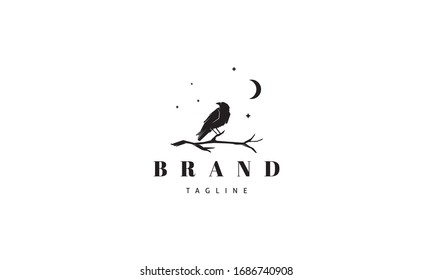 Vector logo on which an abstract image of a raven sitting on a branch under the moon.