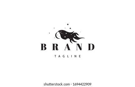 Vector logo on which the abstract image of the moon and stars in the form of a girl with her hair.