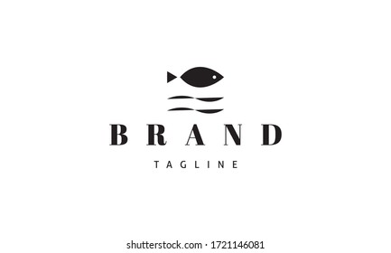 Vector logo on which an abstract image of fish and waves underneath in a simplified form.