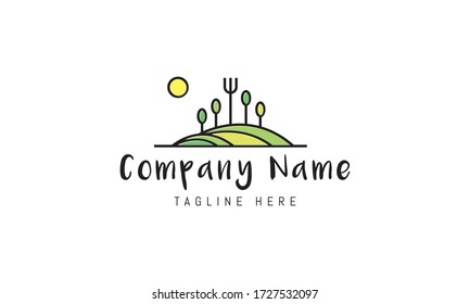 A vector logo on which an abstract image of meadows and trees in the form of spoons and forks represents biodegradable goods.
