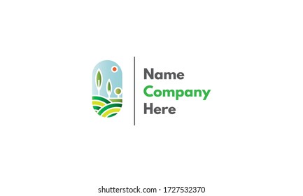 Vector logo on which an abstract image of meadows and trees against a bright sky.