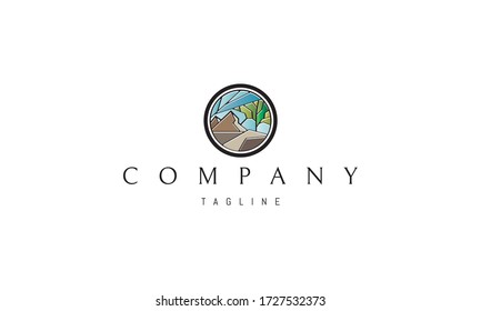 Vector logo on which an abstract image of a mountain landscape with a tree.