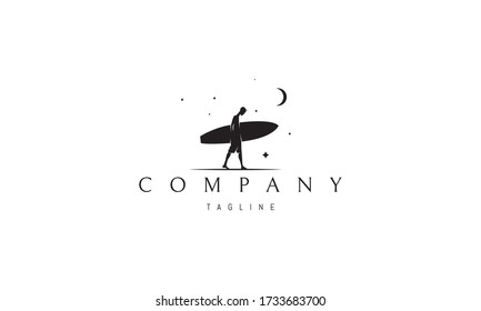 Vector logo on which an abstract image of a surfer with a board under the night sky.