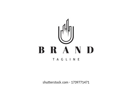 Vector logo on which an abstract image of the letter U, in the center of which the silhouette of the city.
