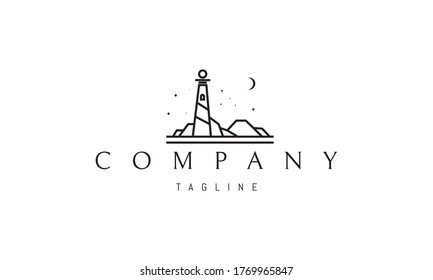 Vector logo on which an abstract image of a lighthouse on a background of the moon and stars in a linear style.