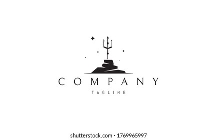Vector logo on which an abstract image of a trident sticking out of stone.