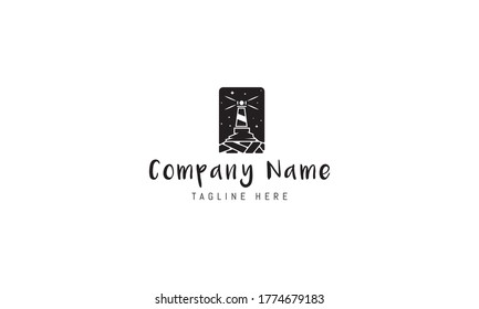 Vector logo on which an abstract image of a lighthouse on stones under the stars and the moon.