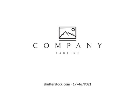 Vector logo on which an abstract image of mountains and the sun made in a linear style.