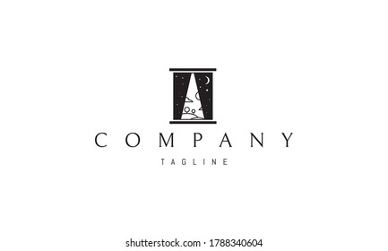 Vector logo on which an abstract image of a window behind the curtains which is a sunny day with clouds.