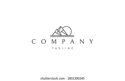 Vector logo on which an abstract image of mountains on the background of the setting sun.