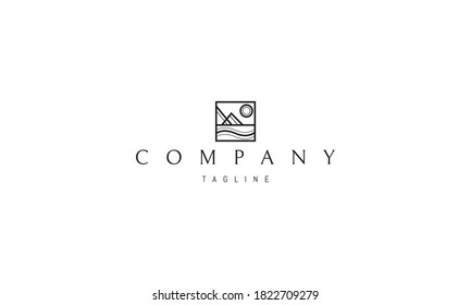 Vector logo on which an abstract image of a mountain landscape with meadows in a square.