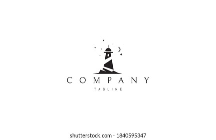 Vector logo on which the abstract image of the old lighthouse on the rock against the background of the starry sky.