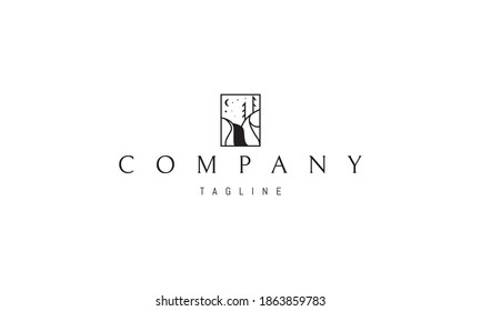 Vektorlogo, auf dem ein abstraktes Bild einer Waldlandschaft mit einem Wasserfall steht.