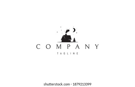 Vector logo on which an abstract image of a hut in the forest.