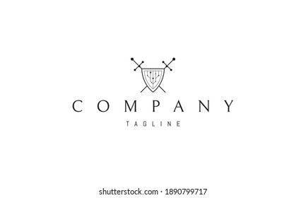 Vector logo on which an abstract image of a shield and crossed swords.
