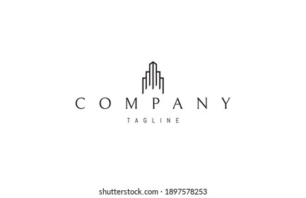 Vector logo on which an abstract image of a tall skyscraper in a linear style.