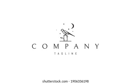Vector logo on which the abstract image of a bird in the forest against the background of the moon and stars.
