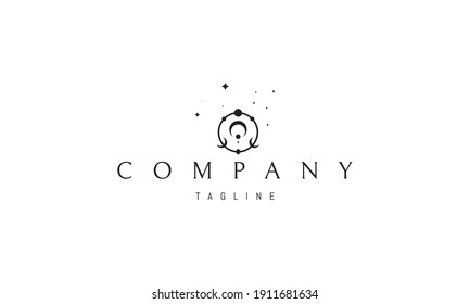 Vector logo on which an abstract image of an alchemical symbol in the form of a ring and a moon in the middle.