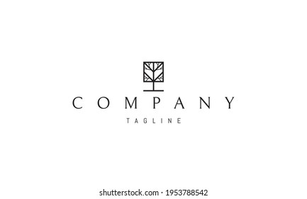 Logo vectorial en el que una imagen abstracta de un árbol cuadrado minimalista.
