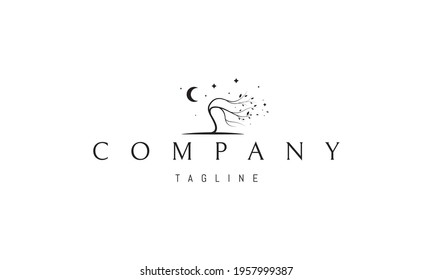 Vector logo on which an abstract image of a tree bending in the wind against the background of the moon and stars.