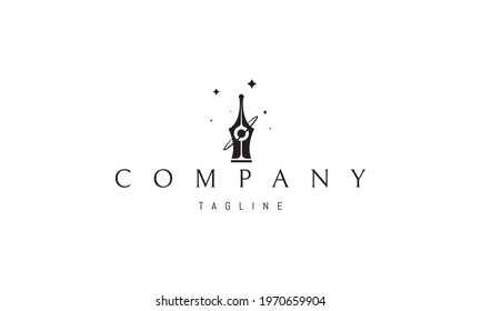 Vector logo on which an abstract image of an ink pen with a planet inside and on a background of stars.
