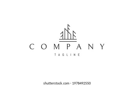 Vector logo on which an abstract image of a house in a pine forest in a linear style.