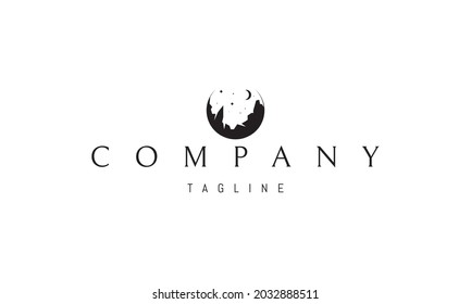 Vector logo on which an abstract image of a mountain landscape against the background of the night sky.