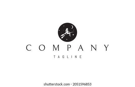 Vector logo on which an abstract image of a witch on a broomstick on a background of the moon.