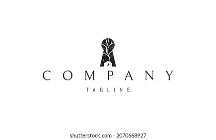 Logo vectorial en el que una imagen abstracta de un agujero de cerradura con una silueta de una casa dentro.