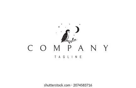 Vector logo on which an abstract image of an owl on a tree under the moon and stars.