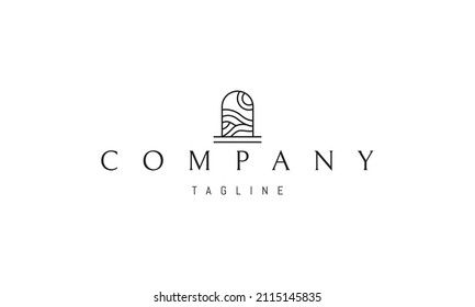 Vector logo on which an abstract image of an arched passage inside which is a hilly landscape.
