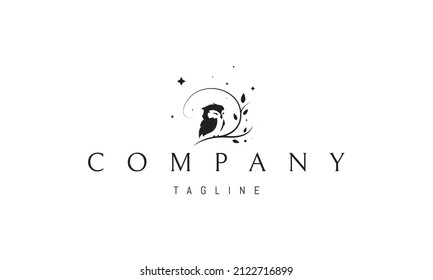 Vector logo on which an abstract image of a cute owlet sitting on a tree against the background of stars.