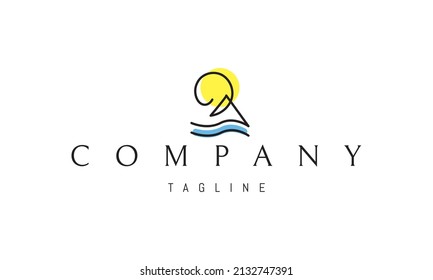 Vector logo on which an abstract image of a mountain of the sun and waves in a linear style.