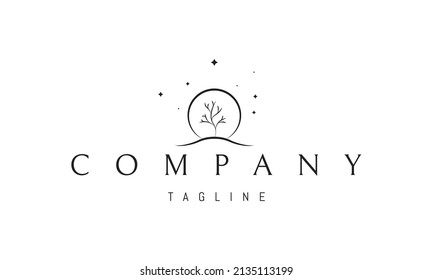 Vector logo on which an abstract image of a tree on a hill against the background of the full moon.