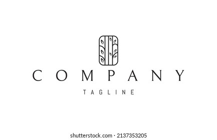 Vector logo on which an abstract image of trees with leaves in a window in a linear style.