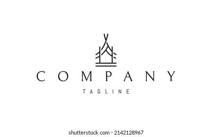 Vector logo on which an abstract image of a small cozy hut in a linear style.