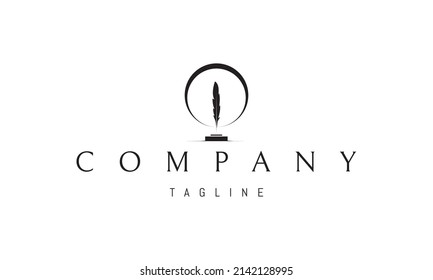 Vector logo on which an abstract image of an ink feather in an inkwell against the background of the moon.
