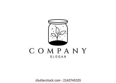 Vector logo on which an abstract image of a jar with leaf bud in a flat line style.