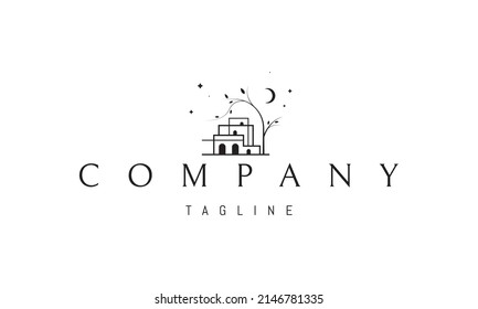 Vector logo on which an abstract image of a guest house in a resort on a wood background.