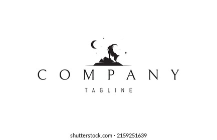 Vector logo on which an abstract image of a mountain goat on a rock against the backdrop of the moon.