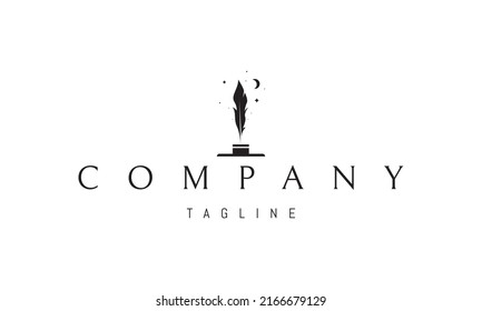 Vector logo on which an abstract image of an ink pen in an inkwell against the background of the moon.