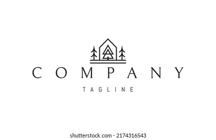 Vector logo on which an abstract image of a hut in the forest in a linear style.